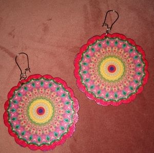 Wooden Flower Bohemian Round Wood Mandala Earrings Hot Pink Yellow New